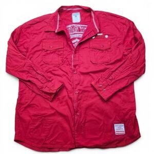 PARISH Embroidered Button Up Shirt Men's 4XL Y2K Red Utility Military Streetwear